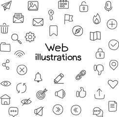 Leinwandbilder - Doodle icon set. General web icons. set of icons for web. Doodle like, doodle notification, doodle target icon, Doodle chat bubble, doodle email, doodle microphone. Sketch style icons for site / web