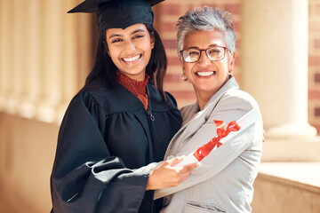 Graduation, student and happy mother portrait of women from India at a graduate ceremony event. College diploma, school celebration and university education certificate of a woman with an achievement