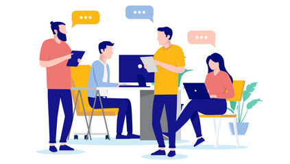 Wall Mural - Office teamwork talk - People talking together at work, discussing and solving problems. Workplace communication concept vector illustration with white background