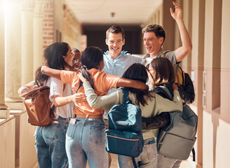Wall Mural - Group of people, happy students and hug for education celebration, interracial support or study project success. Diversity, university friends celebrate and hugging happiness in building corridor