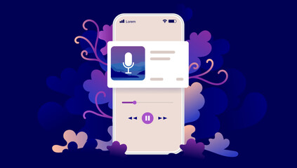 Aufkleber - Podcast on phone screen - Smartphone with simple interface playing an audio podcast with dark floral background. Vector illustration