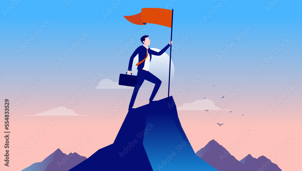 Businessman on top of mountain - Business person on mountaintop with ...