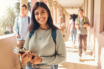 Poster - University student, indian woman and portrait at campus outdoor with books of learning, education or knowledge, scholarship and motivation. Happy, smile and young college student, studying or academy