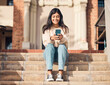 Student, smile or girl with phone on stairs for communication, 5g network or social media news app reading outdoor. Happy, mobile or woman with smartphone for networking, comic website or blog post