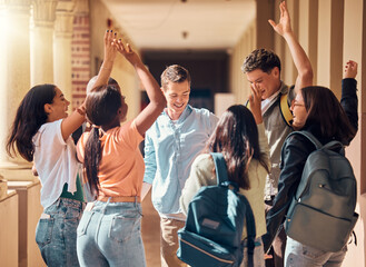 Poster - Students, happy and dancing to celebrate on campus together for project success, interracial education and goal achievement. Diversity, group of college friends and study celebration or dance hands