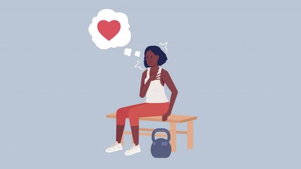 Poster - Animated worried girl character. Sudden panic attack at gym. Full body flat person on grey background with alpha channel transparency. Colorful cartoon style HD video footage for animation