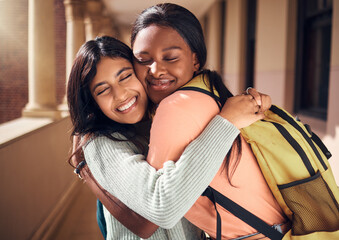 Fototapete - University, friends and students hug in campus, bonding and care. Love, women and girls from college embrace, cuddle or hugging at school in hallway in support for education, learning and knowledge.