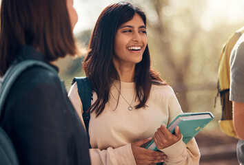 Poster - Happy, books or indian woman student with friends at school, college or university outdoor for learning, education or scholarship. Motivation, smile or group of young students for studying or academy