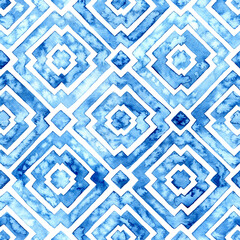 Wall Mural - Seamless watercolor pattern. Blue geometric abstraction on a white background. The ornament is drawn with paints on paper.