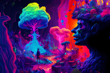 Fluorescent Dreamy Mystical colorful glowing fantasy world Imagination of start of mind
