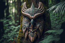 Ethnic Wooden Natural Tiki Mask Owl Birds In Forest