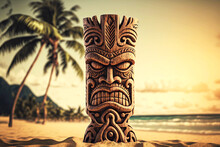 Hawaiian Totem Tiki Mask Made Of Wood On Beach Under Palm Tree
