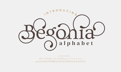 Begonia luxury elegant alphabet letters and numbers. Elegant wedding typography classic serif font decorative vintage retro. 