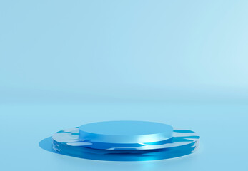blue cylinder podium with water texture on blue background. stand to show products. fresh ocean wate