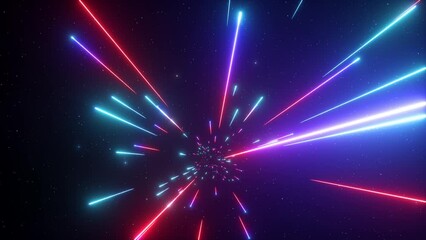 Poster - cycled 3d animation, abstract neon background. flight forward through the meteor shower stream, nigh