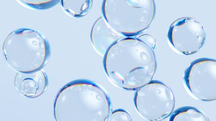3d animation, glass balls falling down, abstract background with clear bubbles