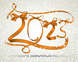 Wall Mural - Vector illustration of New Year 2023 made of gold ribbons with snowfall