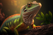 Colorful Iguana On A Stone With A Tropical Background, Generative Ai