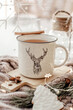 Christmas tea in the mug with reindeer 