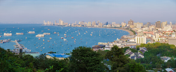 Wall Mural - Pattaya skyline with a blue ocean from the hill viewpoint Pattaya Thailand. 