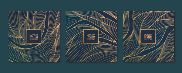 Wall Mural - vector set of wavy luxury line cards, golden dynamic square backgrounds, posts, design template. art