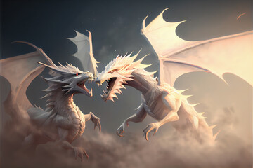 Wall Mural - Two white dragons flying in the sky