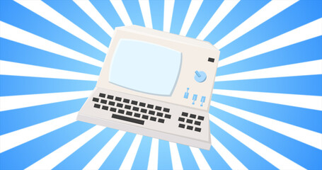 Poster - Retro computer, pc old vintage hipster for geeks from the 70s, 80s, 90s on the background of blue rays