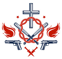 Gangster Thug Emblem Or Logo With Christian Cross, Weapons And Different Design Elements , Vector Tattoo, Anarchy And Chaos, Dead Rebel Partisan And Revolutionary.
