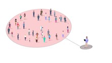 Group Of People In Circle With One Man Leader Or Influencer. Concept Of Business Leadership, Convenience, Snowball Sampling And Control Or Impact Over The Population And Stand Out From The Crowd