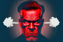 A Very Angry Man Concept , Comics Style Portrait Man With Red Face And Steam Jets Emerging From His Ears, Ai Generative Illustration