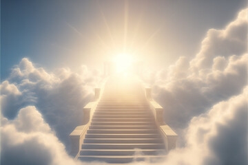 Path to Heaven concept, with stairs leading to bright sun in the sky, Ai generative illustration