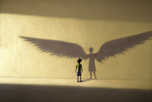 Guardian Angel Concept, With Child  Having His Shadow In Form Of An Angel, Ai Generative Illustration