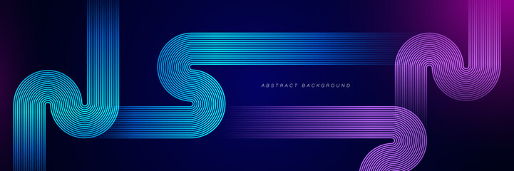 Abstract pink and blue glowing line pattern on dark blue background with purple light. Geometric stripe line art design. Modern wide banner design. Futuristic concept. Vector illustration