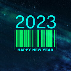 Wall Mural - 2023.Green numbers and barcode in the starry sky. Concept for the coming of the New Year 2023.