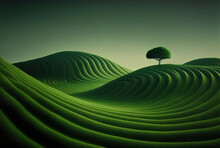 Surreal Nature Landscape With Green Field And Lone Tree, Generative AI Illustration