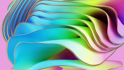 Wall Mural - modern 3d animation, abstract fashion background with waving layers of colorful elastic textile, flexible colorful ruffles, fluttering drapery folds and curves, pastel gradient. Animated wallpaper