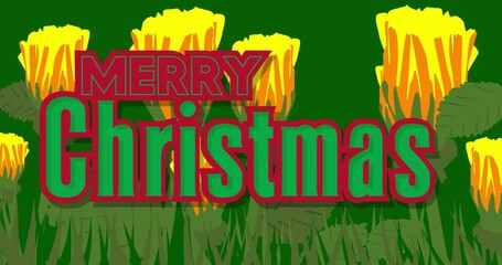 Poster - Flower Meadow with Merry Christmas Text. Wildflower cartoon animation.