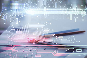 Poster - Double exposure of table with computer on background and data theme hologram. Data technology concept.