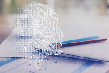 Poster - Double exposure of desktop with computer and brain drawing hologram. Artificial intelligence concept.