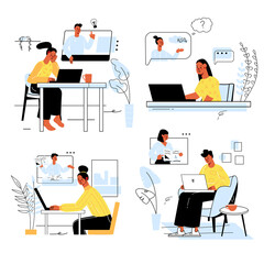 Aufkleber - Distance learning concept set in flat line design. Men and women students study remotely using laptops, watch video lectures and webinars at home. Illustration with outline colorful web scenes