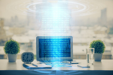 Poster - Double exposure of table with computer on background and data theme drawing. Concept of innovation.
