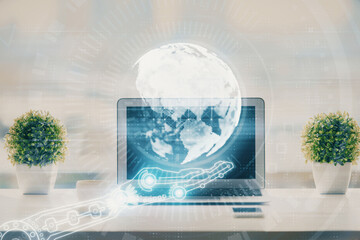 Poster - Double exposure of desktop with computer and world map hologram. International data network concept.