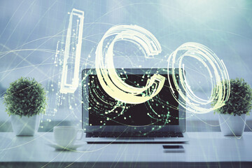 Poster - Double exposure of blockchain and crypto economy theme hologram and table with computer background. Concept of bitcoin cryptocurrency.