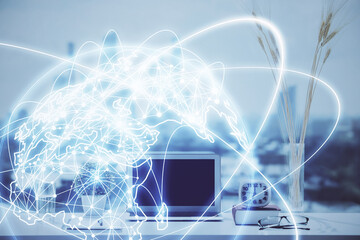 Aufkleber - Double exposure of business theme icons and work space with computer background. Concept of success.