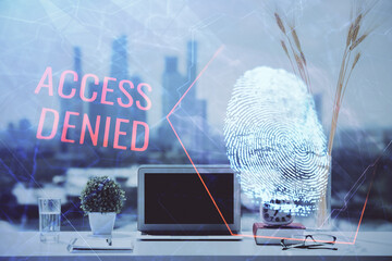 Aufkleber - Computer on desktop in office with finger print drawing. Double exposure. Concept of business data security.