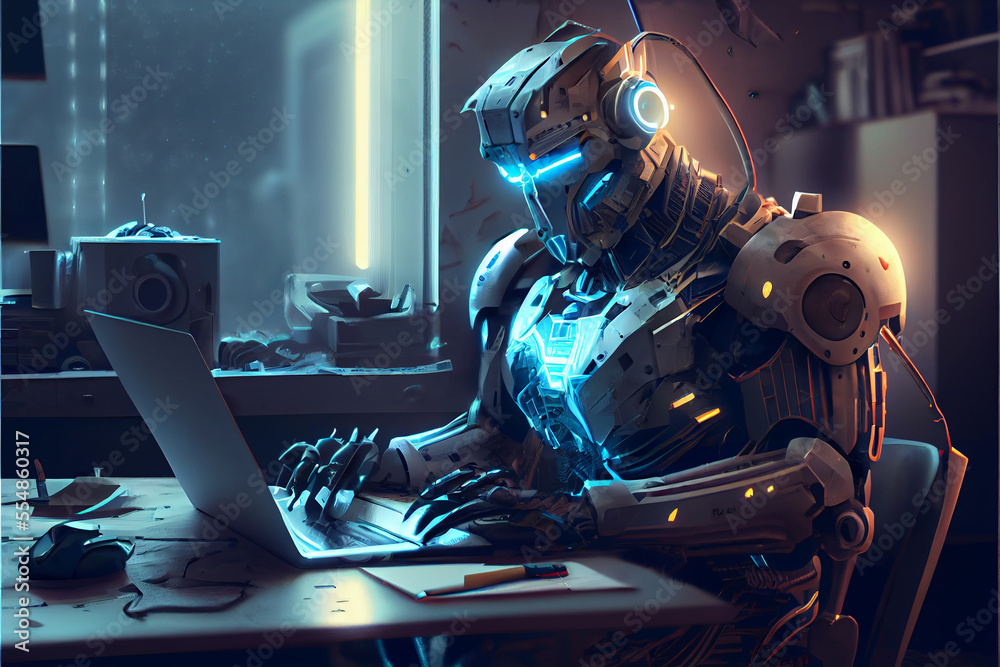 Humanoid robot, artificial intelligence working at his computer ...