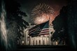 An american flag and fireworks.white house on the background, generative ai