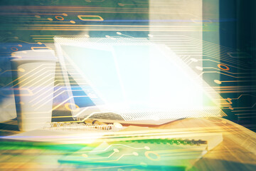 Poster - Double exposure of desktop computer and technology theme hologram. Concept of software development.