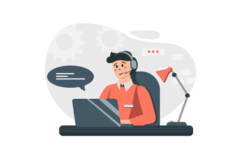 Aufkleber - Man works at customer support concept in flat design. Operator in headphone answers online letters from clients, finds solutions, advises and consults. Illustration with people scene for web