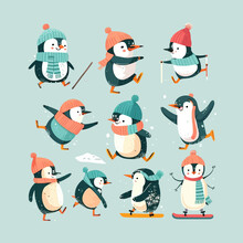 Penguin In Winter Activities. Isolated On Background. Cartoon Flat Vector Illustration